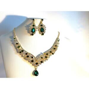 Emerald green rhinestone necklace set, wedding MOB n prom party evening necklace